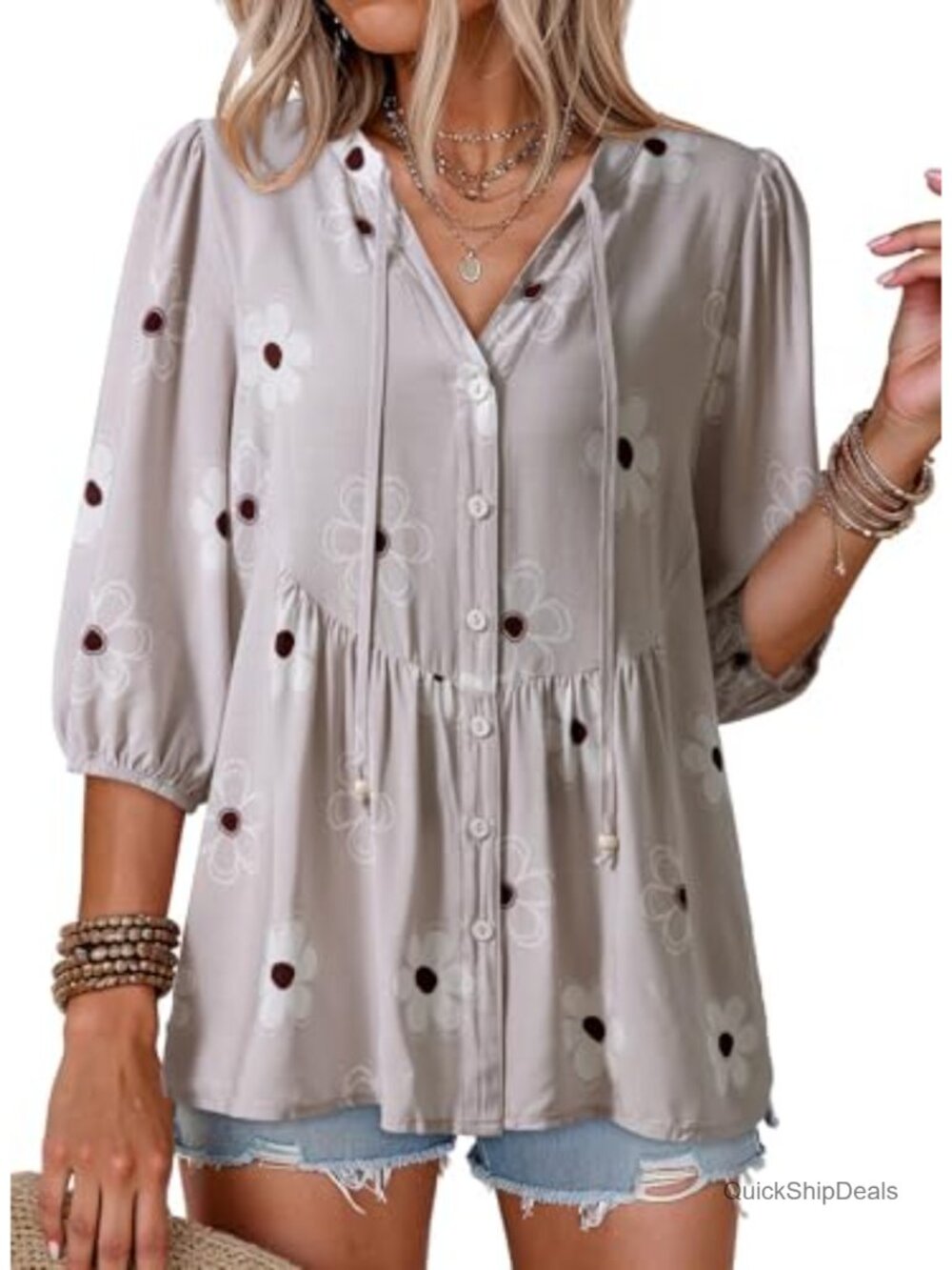 Boho Button Down V Neck Peplum Babydoll Blouse Short Sleeve